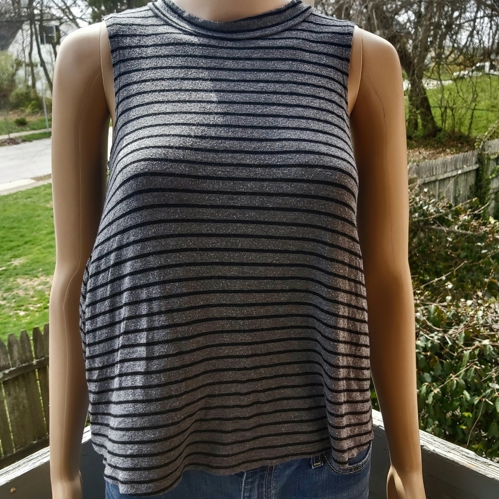 Mock Neck Striped Sleeveless Aline Tshirt